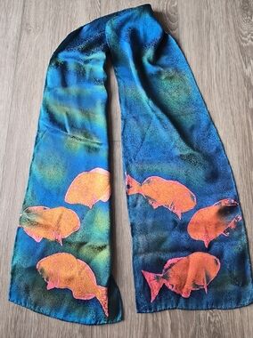 Teal Blue Orange Goldfish Print Silky Long Scarf Vibrant Colorful Fish